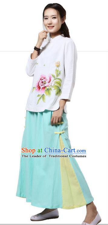 Top Chinese Traditional Costume Tang Suit White Blouse, Pulian Clothing China Cheongsam Upper Outer Garment Painting Peony Flower Plated Buttons Shirts for Women