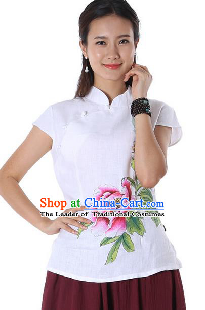 Top Chinese Traditional Costume Tang Suit White Linen Painting Peony Flower Blouse, Pulian Zen Clothing China Cheongsam Upper Outer Garment Stand Collar Shirts for Women