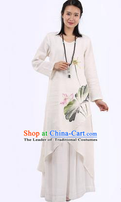 Top Chinese Traditional Costume Tang Suit White Linen Painting Lotus Qipao Dress, Pulian Meditation Clothing China Cheongsam Upper Outer Garment Dress for Women