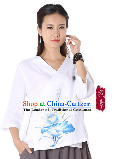 Top Chinese Traditional Costume Tang Suit White Painting Blue Lotus Blouse, Pulian Zen Clothing China Cheongsam Upper Outer Garment Slant Opening Shirts for Women