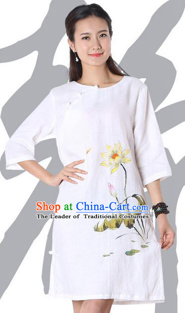 Top Chinese Traditional Costume Tang Suit White Linen Qipao Painting Lotus Yoga Dress, Pulian Clothing Republic of China Cheongsam Upper Outer Garment Dress for Women