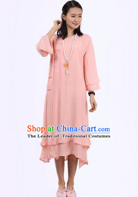 Top Chinese Traditional Costume Tang Suit Pink Plated Buttons Qipao Dress, Pulian Clothing Republic of China Cheongsam Dress for Women