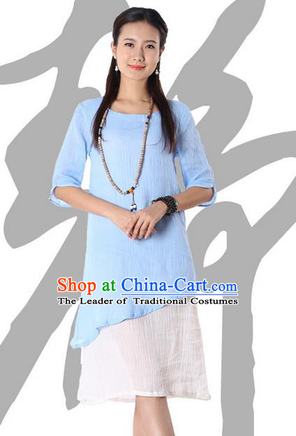 Top Chinese Traditional Costume Tang Suit Blue Blouse, Pulian Zen Clothing China Cheongsam Dress Upper Outer Garment Shirts for Women