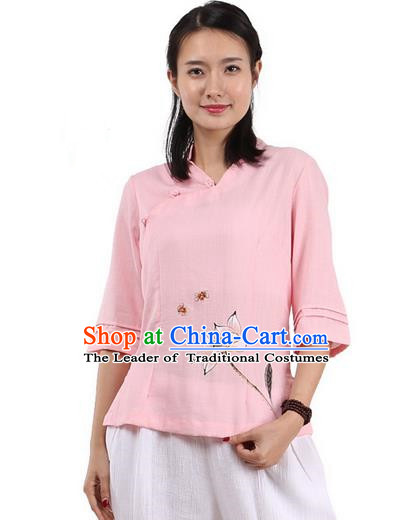 Top Chinese Traditional Costume Tang Suit Pink Painting Lotus Blouse, Pulian Zen Clothing China Cheongsam Upper Outer Garment Slant Opening Shirts for Women