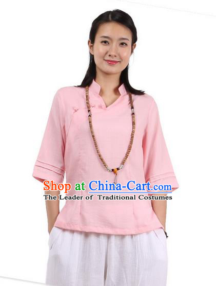 Top Chinese Traditional Costume Tang Suit Pink Painting Lotus Blouse, Pulian Zen Clothing China Cheongsam Upper Outer Garment Slant Opening Shirts for Women