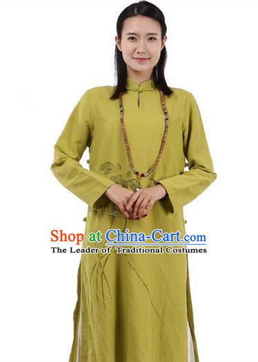 Top Chinese Traditional Costume Tang Suit Plated Buttons Ramie Outer Garment Dress, Pulian Zen Clothing Republic of China Cheongsam Green Painting Lotus Dress for Women