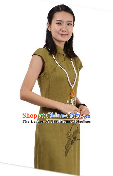 Top Chinese Traditional Costume Tang Suit Stand Collar Outer Garment Qipao Dress, Pulian Zen Clothing Republic of China Short Cheongsam Painting Lotus Green Dress for Women