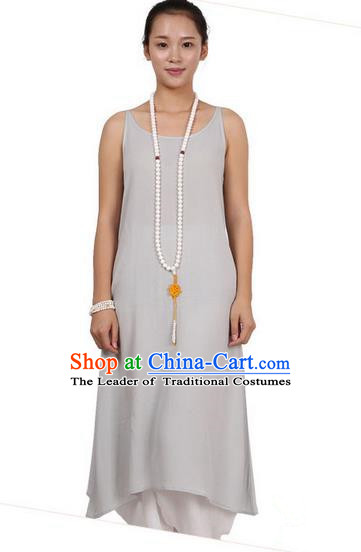 Top Chinese Traditional Costume Tang Suit Linen Sundress, Pulian Zen Clothing Republic of China Pinafore Dress Grey Dress for Women