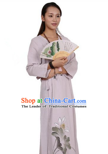 Top Chinese Traditional Costume Tang Suit Linen Qipao Dress, Pulian Zen Clothing Republic of China Cheongsam Painting Light Purple Long Dress for Women