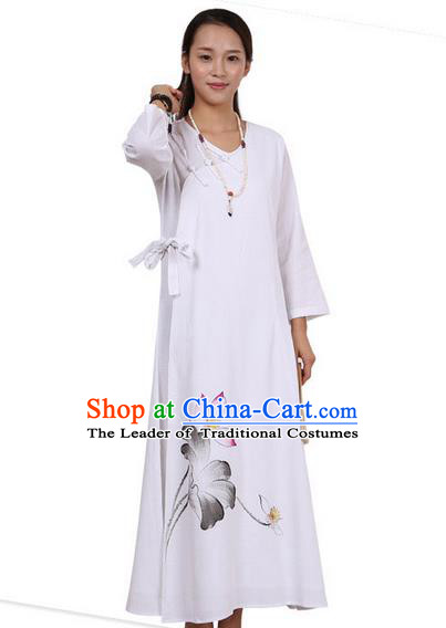 Top Chinese Traditional Costume Tang Suit Linen Qipao Dress, Pulian Zen Clothing Republic of China Cheongsam Painting White Long Dress for Women