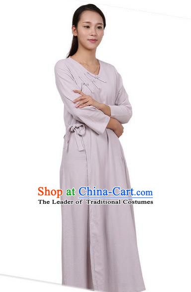 Top Chinese Traditional Costume Tang Suit Linen Qipao Dress, Pulian Zen Clothing Republic of China Cheongsam Grey Long Dress for Women