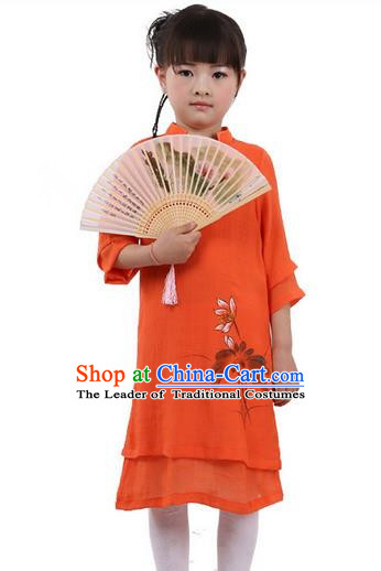 Top Chinese Traditional Costume Tang Suit Linen Qipao Children Dress, Pulian Zen Clothing Republic of China Cheongsam Orange Painting Lotus Dress for Kids