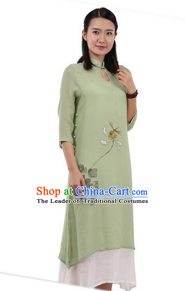 Top Chinese Traditional Costume Tang Suit Linen Double-deck Qipao Dress, Pulian Zen Clothing Republic of China Cheongsam Upper Outer Garment Painting Lotus Green Dress for Women