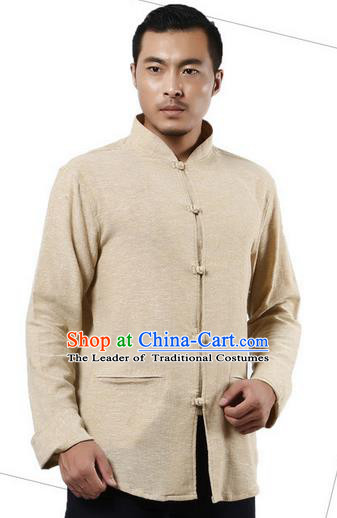 Traditional Chinese Kung Fu Costume Martial Arts Linen Shirts Pulian Meditation Clothing, China Tang Suit Upper Outer Garment Beige Overshirt for Men