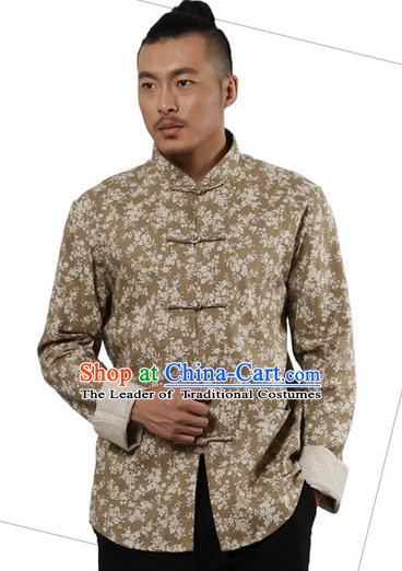 Traditional Chinese Kung Fu Costume Martial Arts Linen Plated Buttons Shirts Pulian Meditation Clothing, China Tang Suit Upper Outer Garment Khaki Overshirt for Men