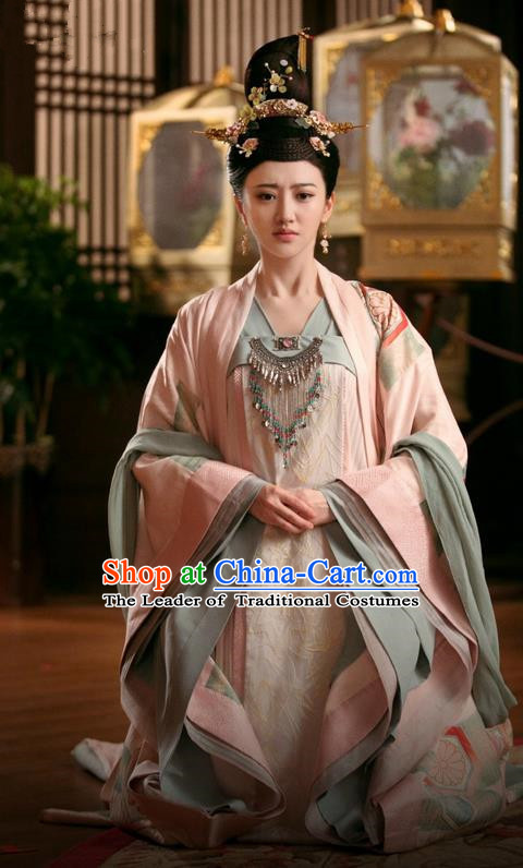 Traditional Chinese Ancient Imperial Princess Costume and Headpiece Complete Set, Chinese The Glory of Tang Dynasty Palace Lady Senior Concubine Hanfu Clothing for Women