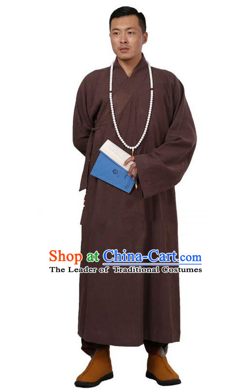 Traditional Chinese Kung Fu Costume Martial Arts Linen Coffee Monk Robes Pulian Meditation Clothing, China Tang Suit Shaolin Wushu Frock for Men