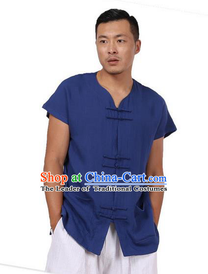 Traditional Chinese Kung Fu Costume Martial Arts Tang Suit Plated Buttons Shirts Pulian Meditation Clothing, China Tai Chi Blue Short Sleeve T-shirts for Men