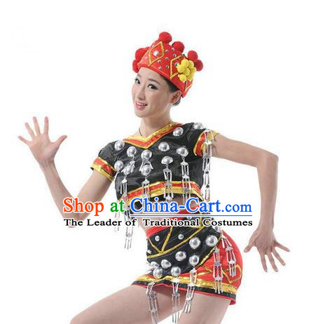 Traditional Chinese Miao Nationality Dancing Costume, Hmong Female Folk Dance Ethnic Cloth, Chinese Tujia Minority Nationality Dance Clothing for Women