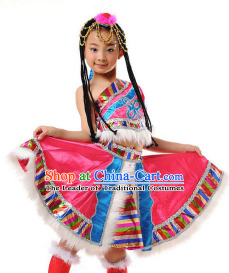 Traditional Chinese Mongol Nationality Dancing Costume, Mongols Children Folk Dance Ethnic Pleated Skirt, Chinese Mongolian Minority Nationality Dress for Girls