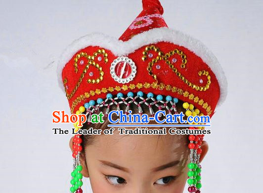 Traditional Chinese Mongol Nationality Dance Headwear, Chinese Mongolian Minority Nationality Folk Dancing Red Hat for Kids