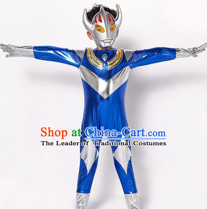 Chinese Modern Dance Costume, Children Cosplay Ultraman Uniforms, Halloween Party Blue Suit for Boys Kids