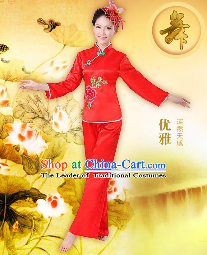 Traditional Chinese Yangge Fan Dancing Costume, Folk Dance Yangko Costume Drum Dance Red Clothing for Women