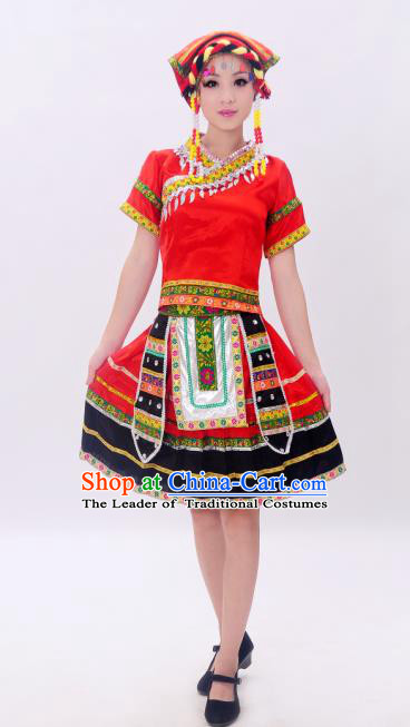 Traditional Chinese Yao Nationality Dancing Costume, Tujia Zu Female Folk Dance Ethnic Pleated Skirt, Chinese Yao Minority Nationality Costume for Women