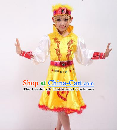 Traditional Chinese Mongol Nationality Dancing Costume, Mongols Children Folk Dance Ethnic Pleated Skirt, Chinese Minority Nationality Yellow Dress for Kids