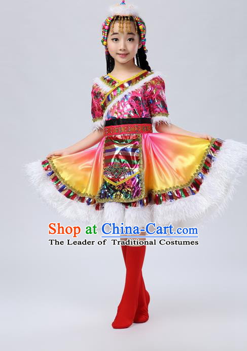 Traditional Chinese Zang Nationality Dancing Costume, Tibetan Children Folk Dance Ethnic Pleated Skirt, Chinese Tibetan Minority Pink Dress for Kids