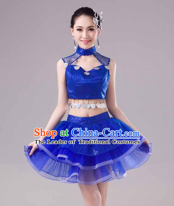 Traditional Chinese Modern Dance Costume, Women Opening Dance Chorus Group Uniforms Short Paillette Blue Bubble Dress for Women