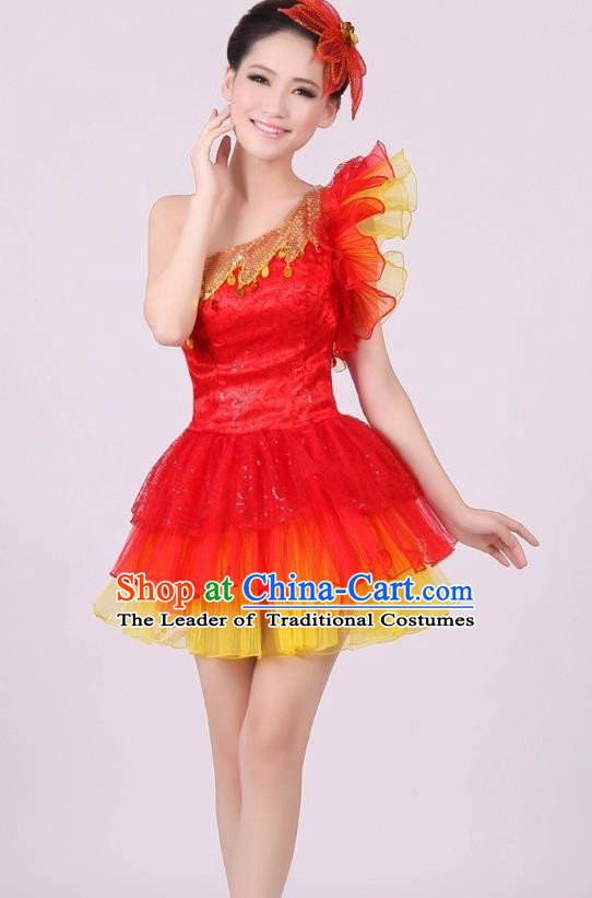 Traditional Chinese Modern Dance Costume, Women Opening Dance Chorus Group Uniforms One-shoulder Short Red Bubble Dress for Women