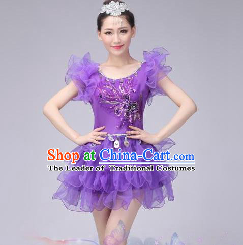 Traditional Chinese Modern Dance Costume, Women Opening Dance Chorus Group Uniforms Short Purple Bubble Dress for Women