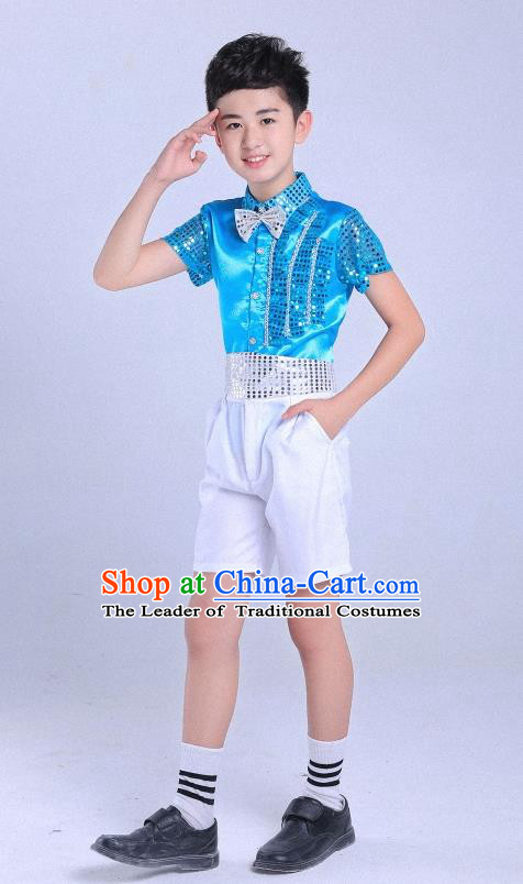 Top Grade Professional Performance Catwalks Costume, Children Chorus Modern Dance Blue Paillette Clothing for Boys Kids