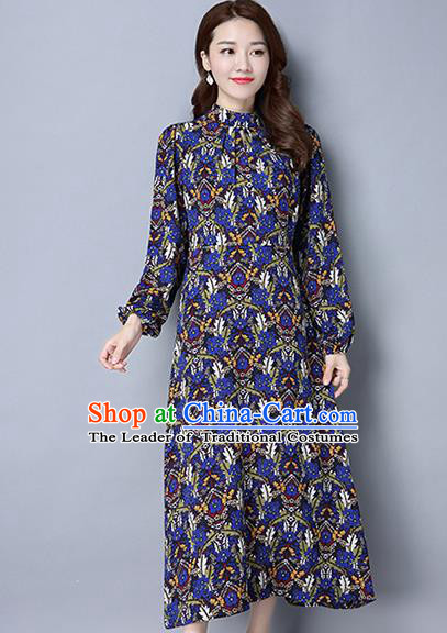 Traditional Ancient Chinese National Costume, Elegant Hanfu Mandarin Qipao Linen Puff Sleeve Blue Dress, China Tang Suit Chirpaur Republic of China Cheongsam Upper Outer Garment Elegant Dress Clothing for Women