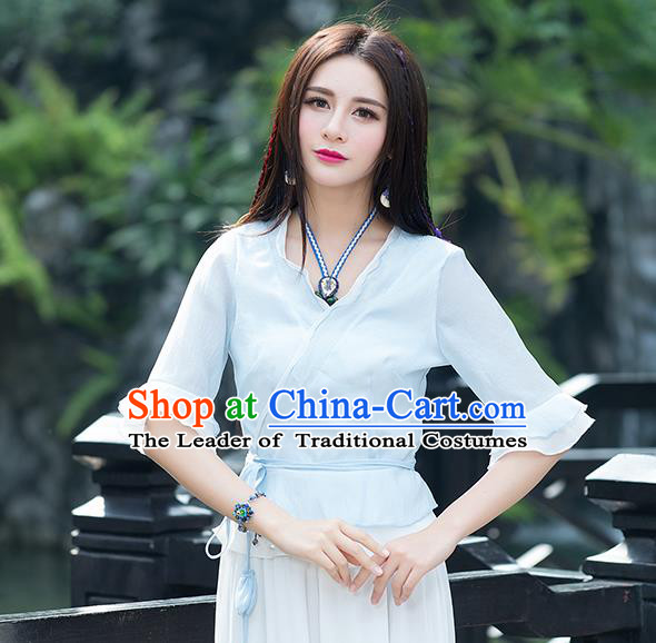 Traditional Chinese National Costume, Elegant Hanfu Mandarin Sleeve Slant Opening Blue T-Shirt, China Tang Suit Republic of China Chirpaur Blouse Cheong-sam Upper Outer Garment Qipao Shirts Clothing for Women