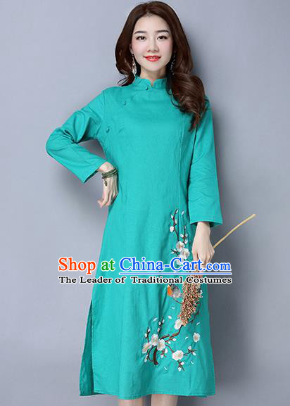 Traditional Ancient Chinese National Costume, Elegant Hanfu Mandarin Qipao Linen Painting Wintersweet Green Dress, China Tang Suit Stand Collar Chirpaur Republic of China Cheongsam Upper Outer Garment Elegant Dress Clothing for Women