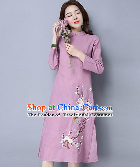 Traditional Ancient Chinese National Costume, Elegant Hanfu Mandarin Qipao Linen Painting Wintersweet Pink Dress, China Tang Suit Stand Collar Chirpaur Republic of China Cheongsam Upper Outer Garment Elegant Dress Clothing for Women