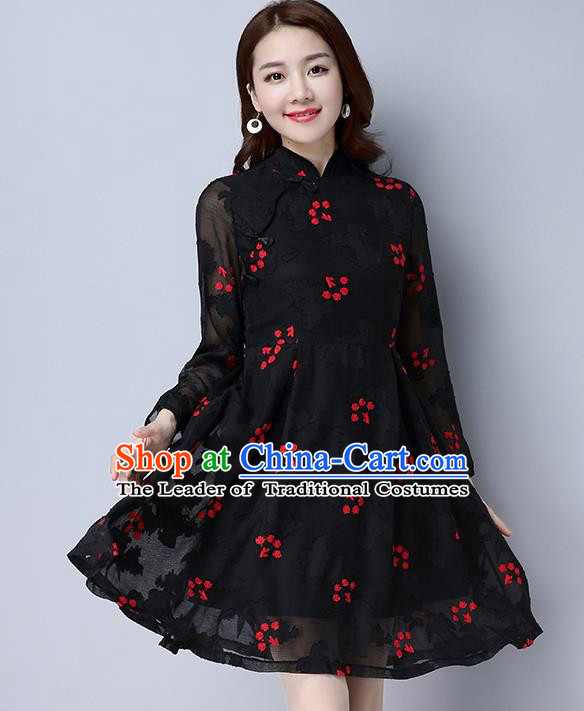 Traditional Ancient Chinese National Costume, Elegant Hanfu Mandarin Qipao Chiffon Black Dress, China Tang Suit Chirpaur Republic of China Cheongsam Upper Outer Garment Elegant Dress Clothing for Women