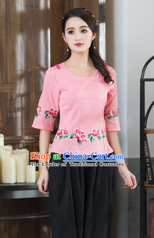 Traditional Chinese National Costume, Elegant Hanfu Embroidery Flowers Round Collar Pink T-Shirt, China Tang Suit Republic of China Plated Buttons Chirpaur Blouse Cheong-sam Upper Outer Garment Qipao Shirts Clothing for Women