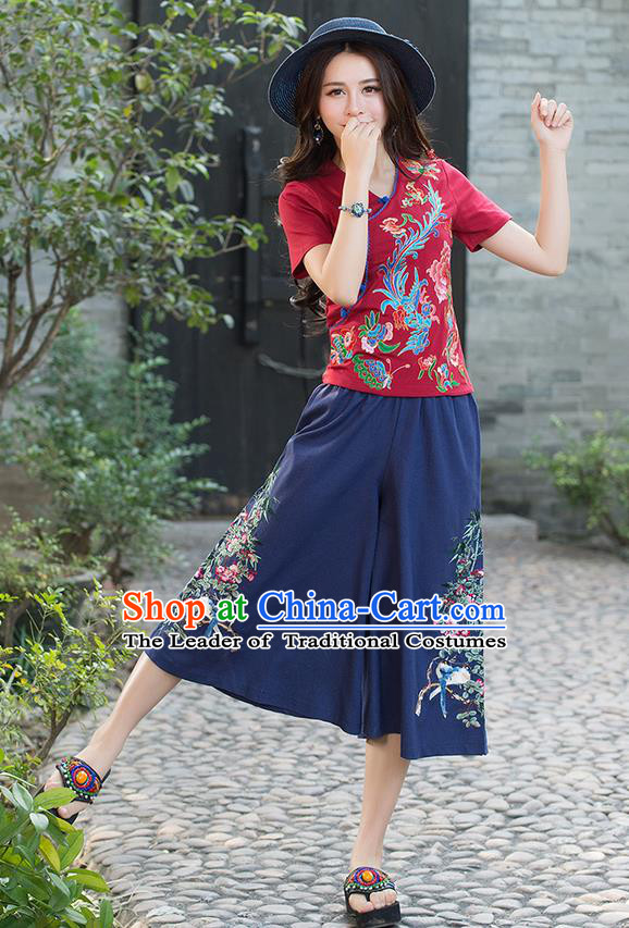 Traditional Chinese National Costume Loose Pants, Elegant Hanfu Embroidered Navy Wide leg Pants, China Ethnic Minorities Tang Suit Ultra-wide-leg Trousers for Women