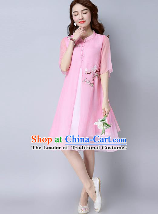 Traditional Ancient Chinese National Costume, Elegant Hanfu Mandarin Qipao Chiffon Embroidered Pink Dress, China Tang Suit Chirpaur Republic of China Cheongsam Upper Outer Garment Elegant Dress Clothing for Women