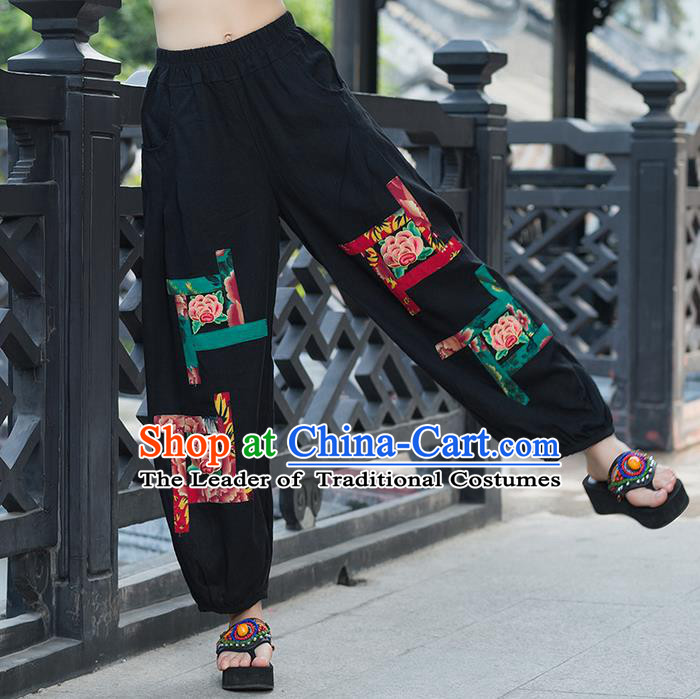 Traditional Chinese National Costume Plus Fours, Elegant Hanfu Embroidered Black Bloomers, China Ethnic Minorities Tang Suit Pantalettes for Women