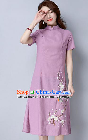 Traditional Ancient Chinese National Costume, Elegant Hanfu Mandarin Qipao Embroidery Peach Blossom Pink Dress, China Tang Suit Chirpaur Republic of China Cheongsam Upper Outer Garment Elegant Dress Clothing for Women