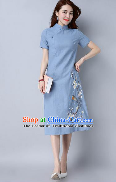 Traditional Ancient Chinese National Costume, Elegant Hanfu Mandarin Qipao Embroidery Peach Blossom Blue Dress, China Tang Suit Chirpaur Republic of China Cheongsam Upper Outer Garment Elegant Dress Clothing for Women