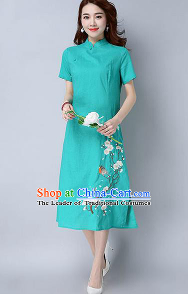 Traditional Ancient Chinese National Costume, Elegant Hanfu Mandarin Qipao Embroidery Peach Blossom Green Dress, China Tang Suit Chirpaur Republic of China Cheongsam Upper Outer Garment Elegant Dress Clothing for Women