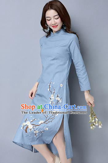 Traditional Ancient Chinese National Costume, Elegant Hanfu Mandarin Qipao Embroidery Peach Blossom Long Sleeve Blue Dress, China Tang Suit Chirpaur Republic of China Cheongsam Upper Outer Garment Elegant Dress Clothing for Women