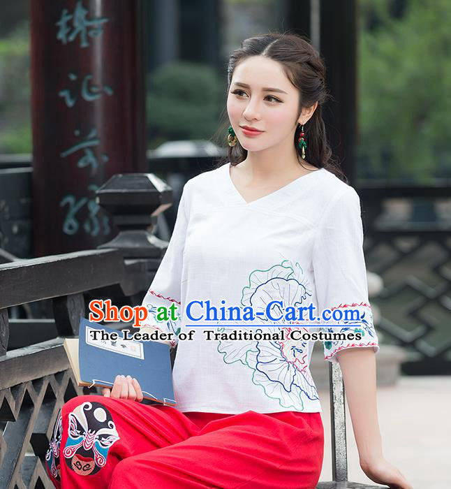 Traditional Chinese National Costume, Elegant Hanfu Embroidery Flowers White T-Shirt, China Tang Suit Republic of China Chirpaur Blouse Cheong-sam Upper Outer Garment Qipao Shirts Clothing for Women