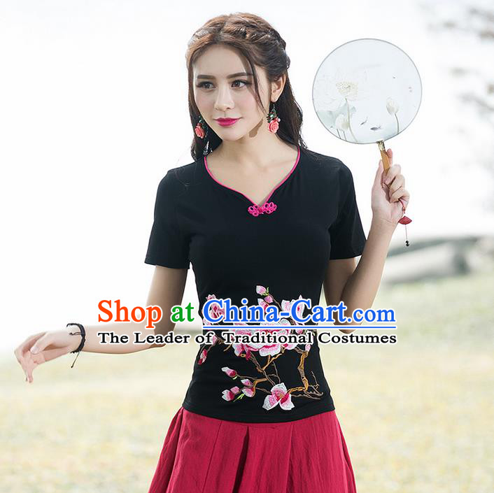 Traditional Chinese National Costume, Elegant Hanfu Embroidery Flowers Black T-Shirt, China Tang Suit Republic of China Plated Buttons Chirpaur Blouse Cheong-sam Upper Outer Garment Qipao Shirts Clothing for Women