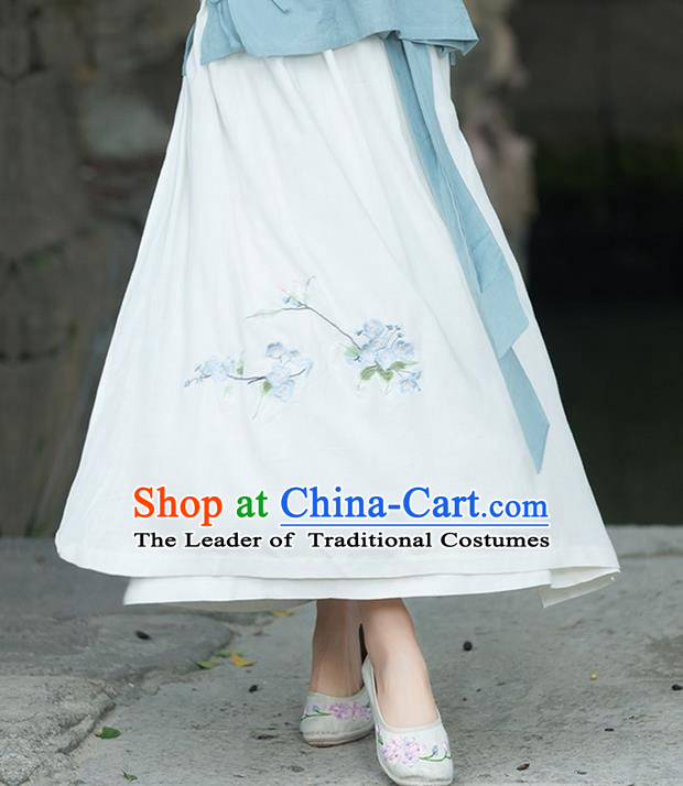 Traditional Ancient Chinese National Pleated Skirt Costume, Elegant Hanfu Chiffon Embroidery Long White Dress, China Tang Dynasty Bust Skirt for Women